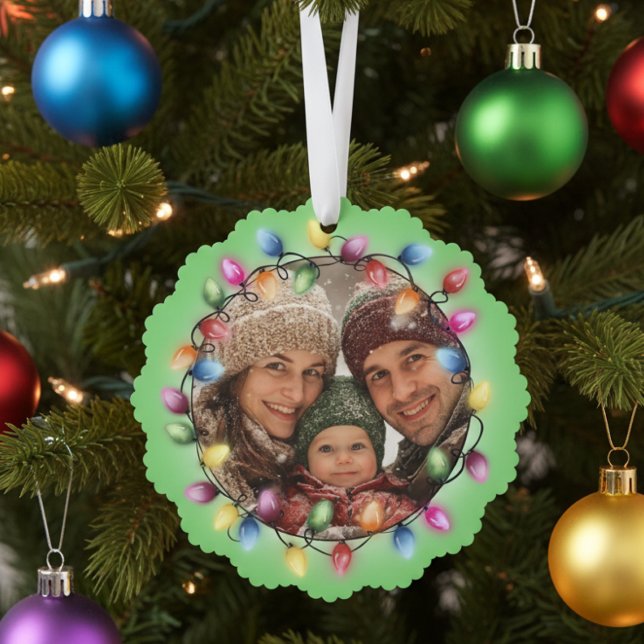 Merry & Bright Colourful Christmas Lights Photo Tree Decoration Card (Creator Uploaded)
