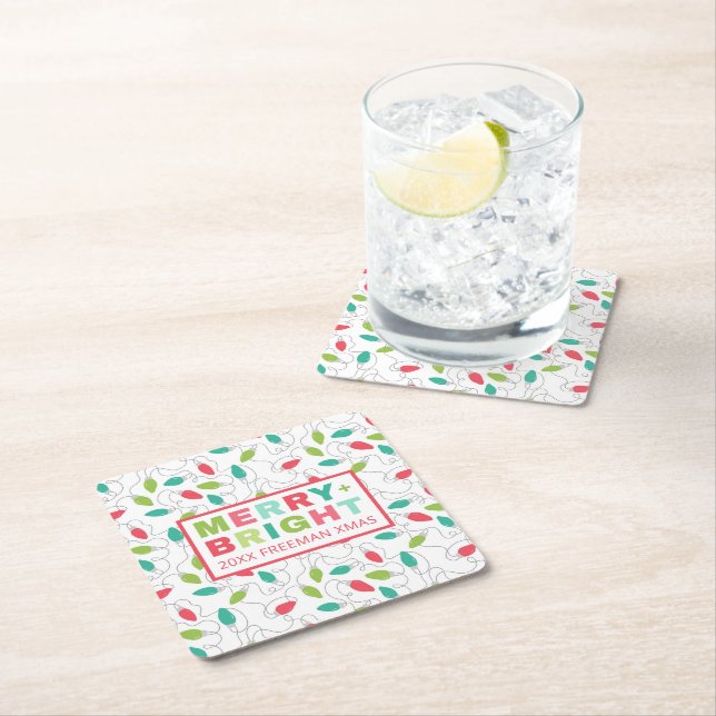Merry & Bright Colourful Christmas Party Square Paper Coaster (Insitu)