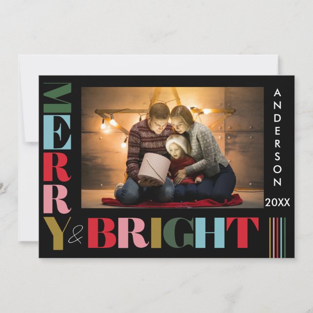 Merry & Bright  Colourful Christmas Photo Black Holiday Card (Front)