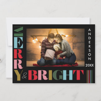 Merry & Bright Colourful Christmas Photo Black Holiday Card