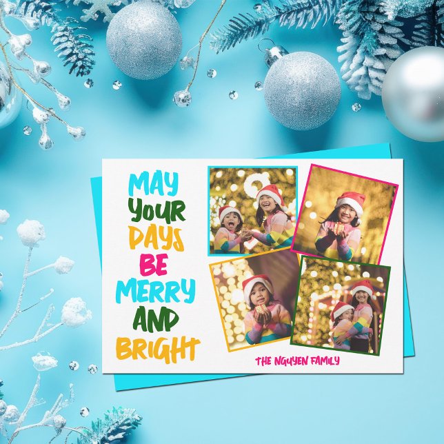 Merry Bright Colourful Christmas Photo Collage Holiday Card (Creator Uploaded)