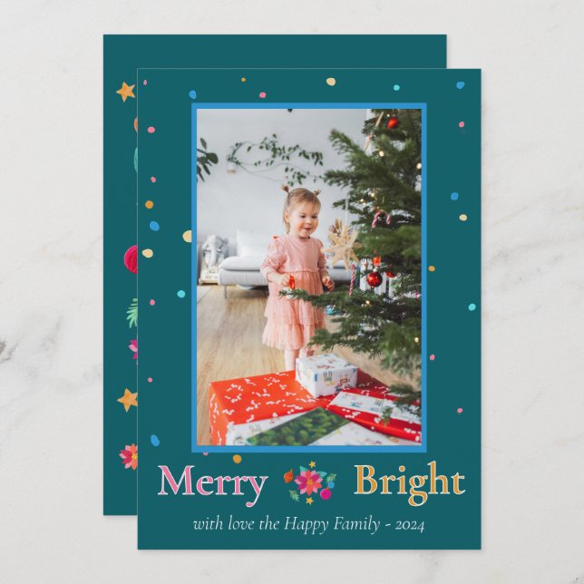  Merry Bright Colourful Christmas Photo Holiday Card (Front/Back)