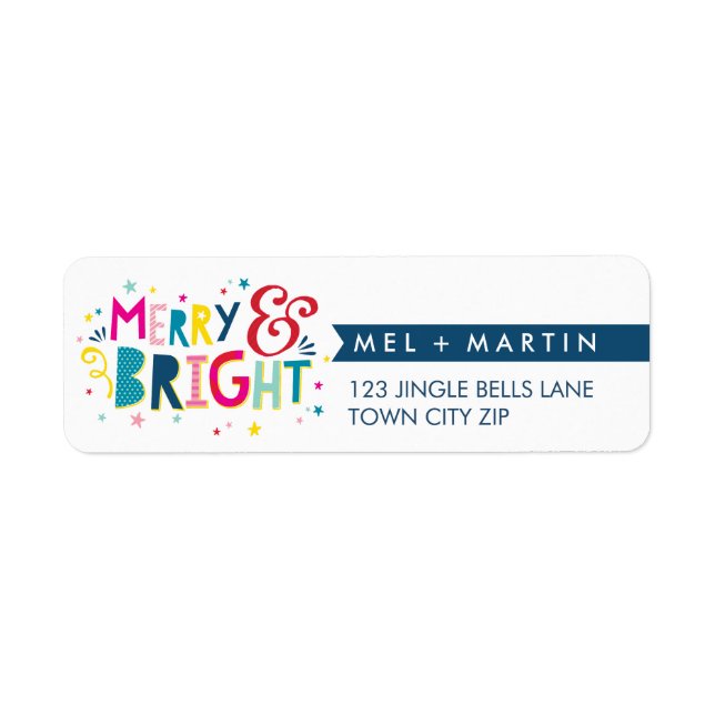 MERRY & BRIGHT colourful fun holiday address label (Front)