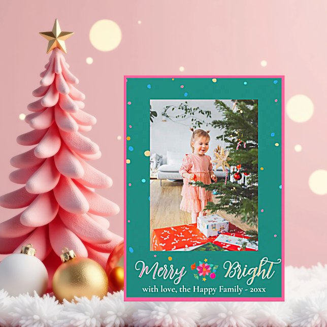 Merry Bright Colourful Photo Christmas  Holiday Card (Merry and Bright Christmas Greeting Card photo personalize with family name and year.)