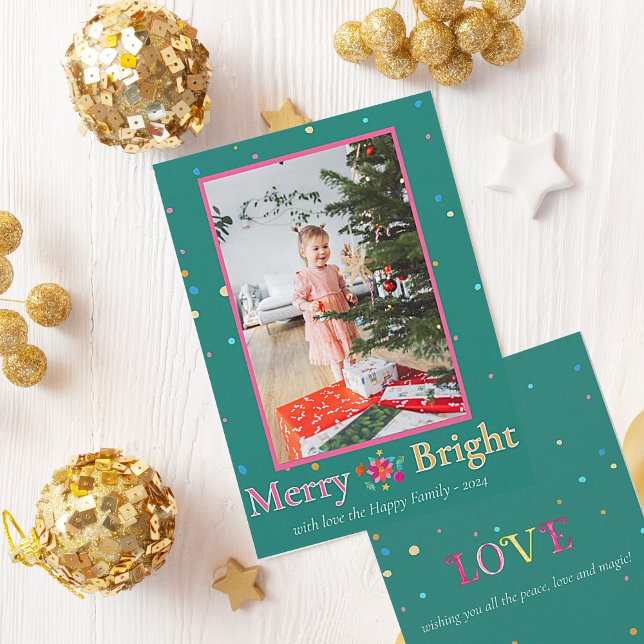 Merry Bright Colourful Photo Christmas  Holiday Card (
Merry and Bright green and pink Christmas Greeting card that you can easily personalize with your o)