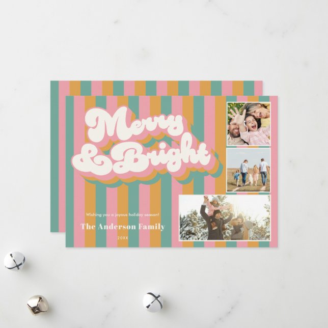 Merry & Bright Colourful Retro Christmas 3 Photo Holiday Card (Front/Back In Situ)