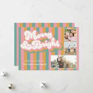 Merry & Bright Colourful Retro Christmas 3 Photo Holiday Card
