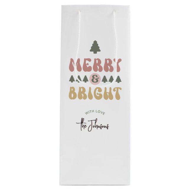 Merry & Bright Colourful Retro Groovy Christmas Wine Gift Bag (Front)