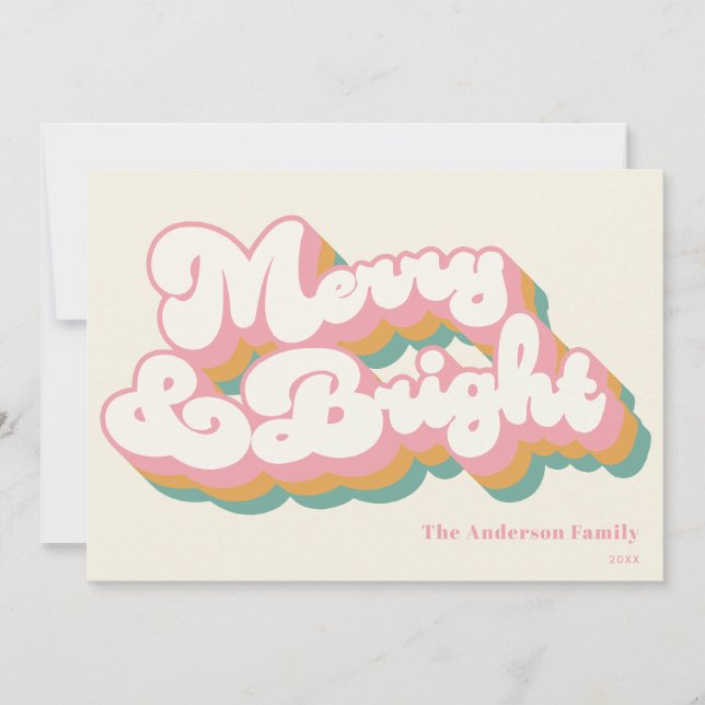 Merry & Bright Colourful Retro Typography Non Phot Holiday Card (Front)