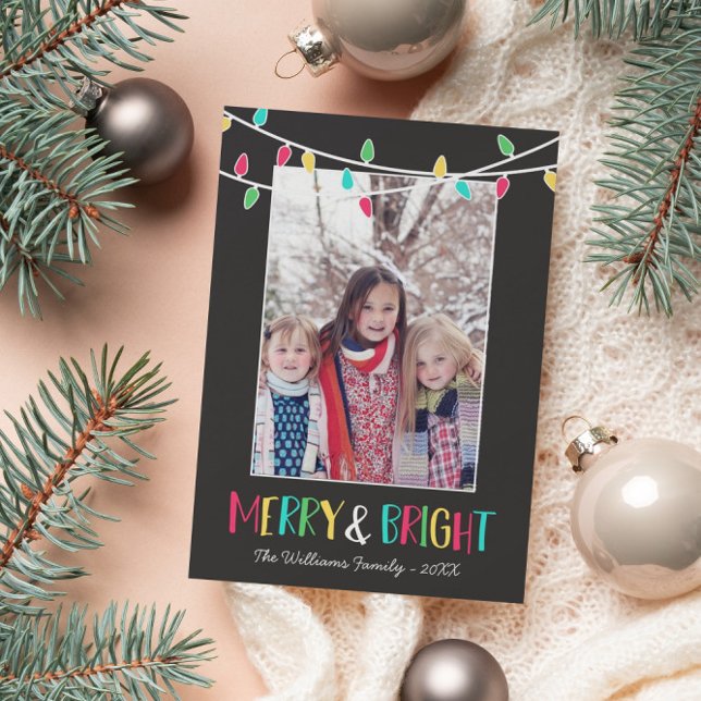 Merry & Bright - Colourful String Lights - Photo Holiday Card (Creator Uploaded)