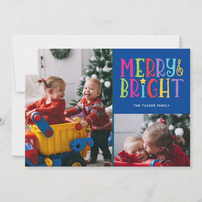 Merry & Bright Colourful Stripes 2-Photo Christmas Holiday Card (Front)