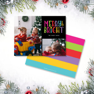 Merry & Bright Colourful Stripes 2-Photo Christmas Holiday Card