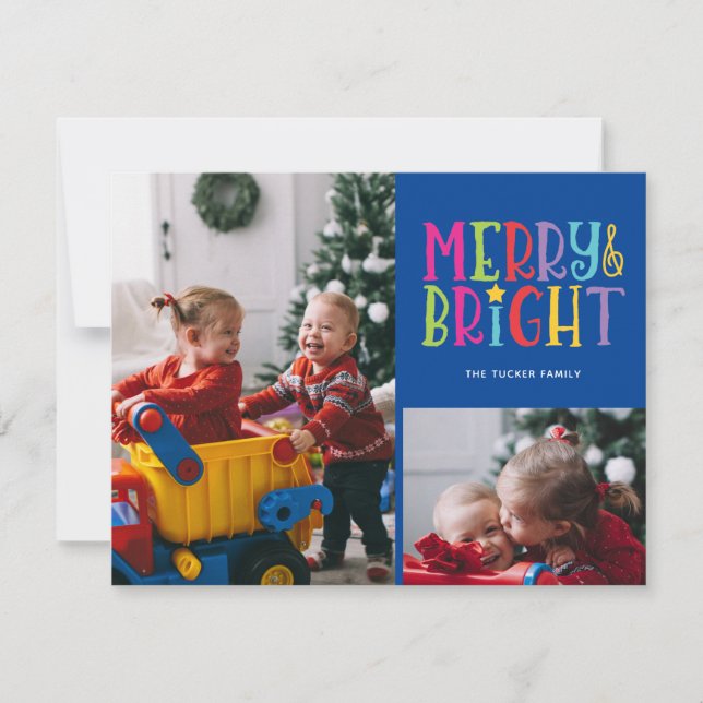 Merry & Bright Colourful Stripes 2-Photo Christmas Holiday Card (Front)
