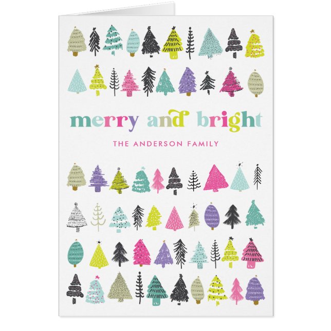 Merry & Bright Colourful Trees Holiday Card (Front)