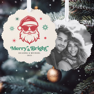 Merry Bright cool Santa in sunglasses retro stars Tree Decoration Card
