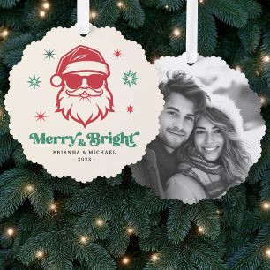 Merry Bright cool Santa in sunglasses retro stars Tree Decoration Card