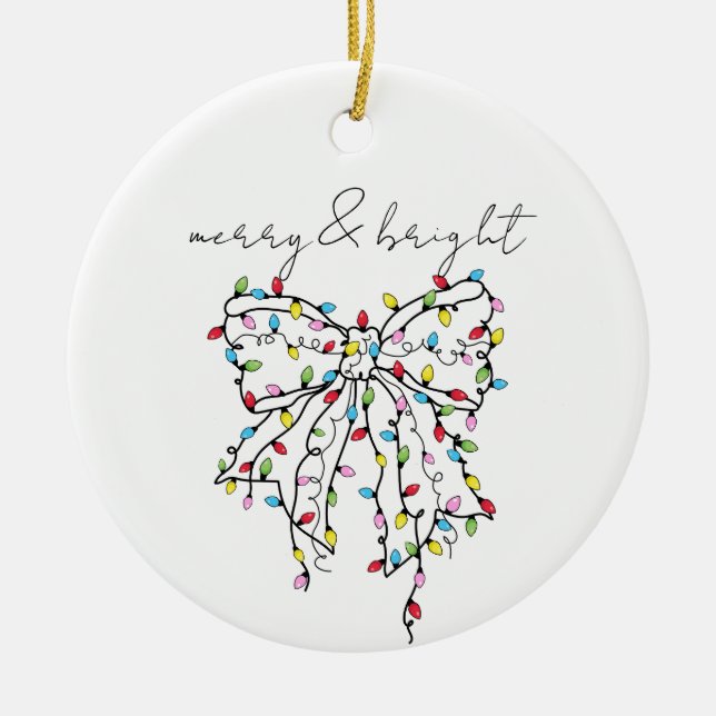 Merry & Bright Coquette Christmas Lights Bow Ceramic Tree Decoration (Front)