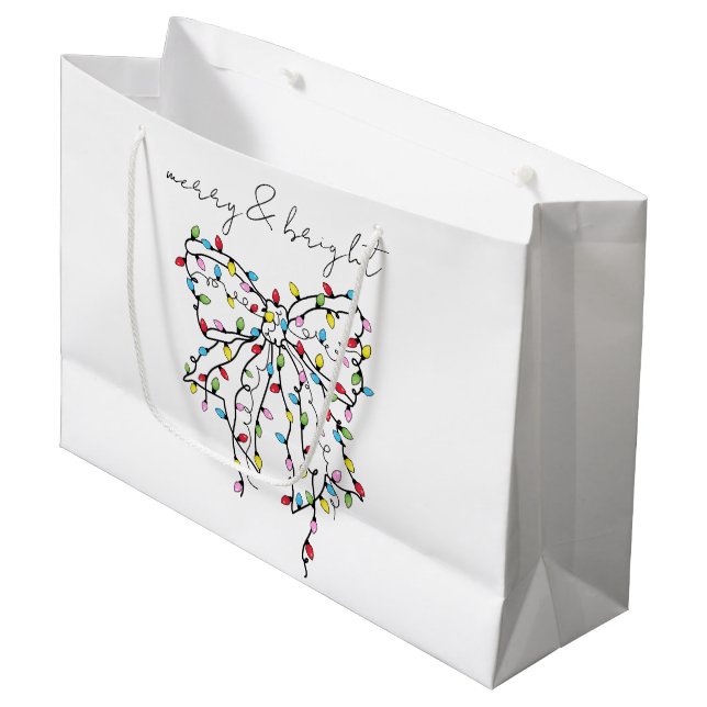 Merry & Bright Coquette Christmas Lights Bow Large Gift Bag (Front Angled)