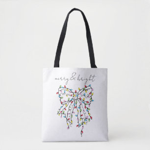 Merry & Bright Coquette Christmas Lights Bow Tote Bag