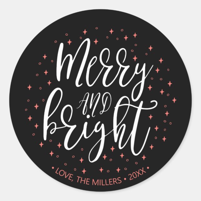 Merry & Bright | Coral & Black Christmas Gift Classic Round Sticker (Front)