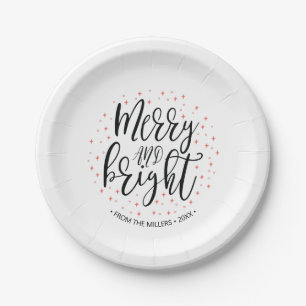 Merry & Bright Coral Christmas Holiday Party Paper Plate