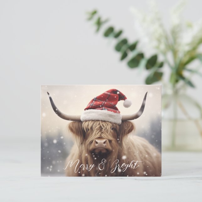 Merry & Bright Cow in a Santa Hat Christmas Holiday Postcard (Standing Front)