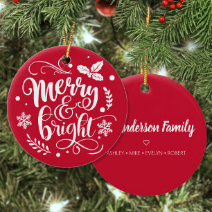 Merry & Bright Custom Family Name Red Christmas Ceramic Tree Decoration