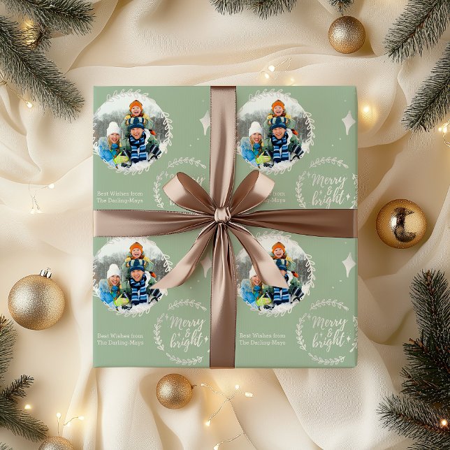 Merry & Bright Custom Photo Green and Silver Wrapping Paper (Photo christmas wrapping paper - Merry & Bright)