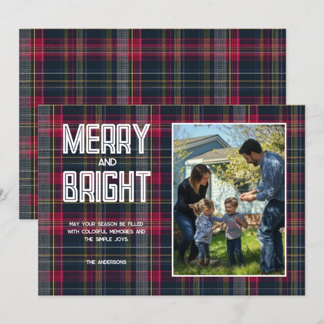 Merry & Bright Custom Tartan Family Photo Holiday Card (Front/Back)