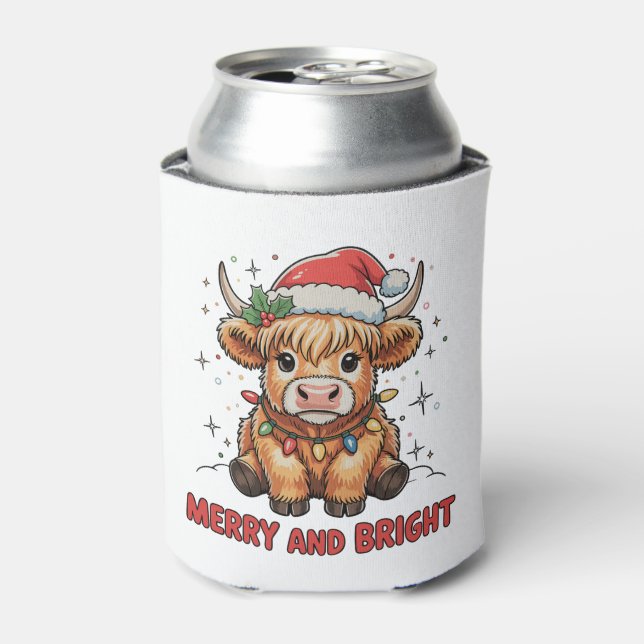 Merry & Bright Cute Highland Baby Cow Christmas Can Cooler (Can Front)