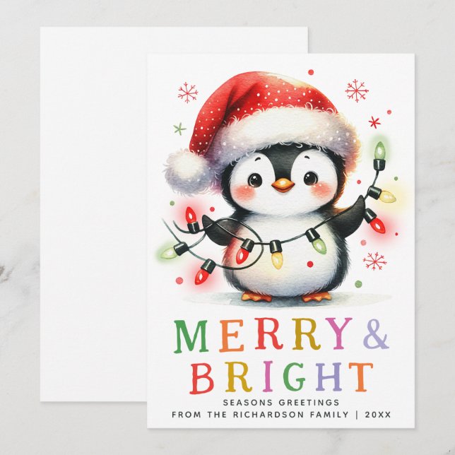 Merry & Bright Cute Penguin Christmas Holiday Card (Front/Back)