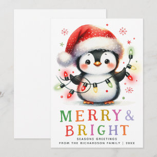 Merry & Bright Cute Penguin Christmas Holiday Card