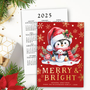 Merry Bright Cute Penguin Red and Gold Christmas Foil Holiday Card