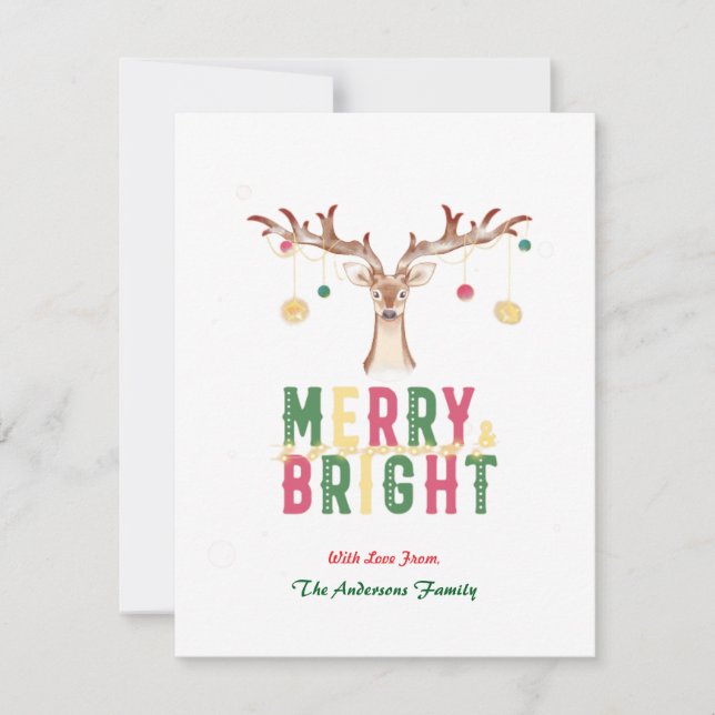 Merry & Bright Cute Reindeer Christmas Ornaments Card (Front)