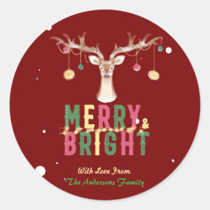 Merry & Bright Cute Reindeer Christmas Ornaments Classic Round Sticker