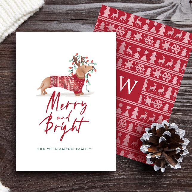 Merry & Bright | Dachshund Christmas Sweater Holiday Card (Merry & Bright | Dachshund Christmas Sweater Holiday Card)