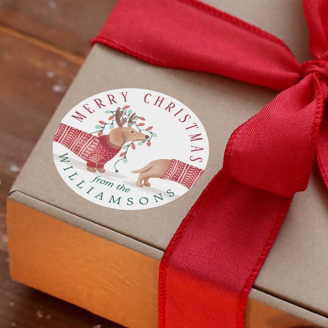 Merry & Bright | Dachshund Dog Christmas Sweater Classic Round Sticker (Merry & Bright | Dachshund Dog Christmas Sweater Classic Round Sticker)