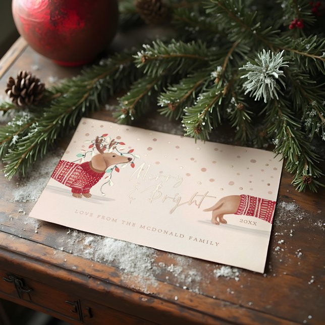 Merry & Bright | Dachshund Dog Christmas Sweater Foil Holiday Card (Merry & Bright | Dachshund Dog Christmas Sweater Foil Holiday Card)