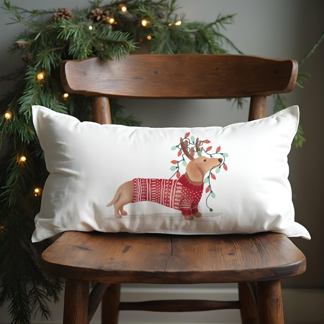 Merry & Bright | Dachshund Dog Christmas Sweater Lumbar Cushion (Merry & Bright | Dachshund Dog Christmas Sweater Lumbar Pillow)