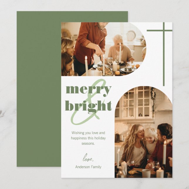 Merry & Bright Dual Arch Family Christmas Photo Holiday Card (Front/Back)