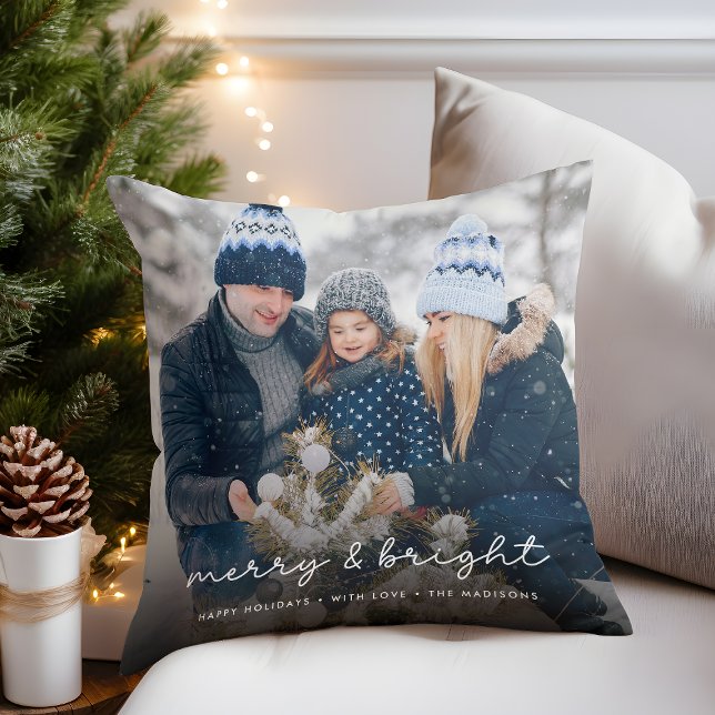 Merry & Bright Elegant Christmas Family Photo Cushion (Creator Uploaded)
