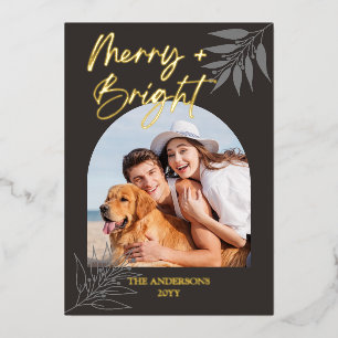Merry Bright Elegant Script Arch 4 Photo Christmas Foil Holiday Card