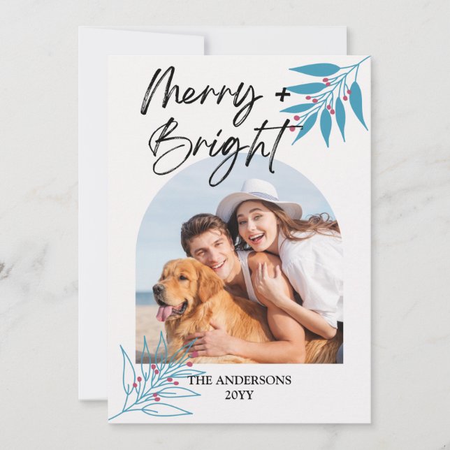 Merry Bright Elegant Script Arch 4 Photo Christmas Holiday Card (Front)
