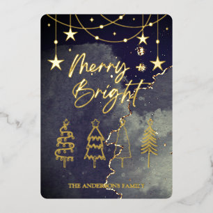 Merry Bright Elegant Script Pine Trees Christmas Foil Holiday Card