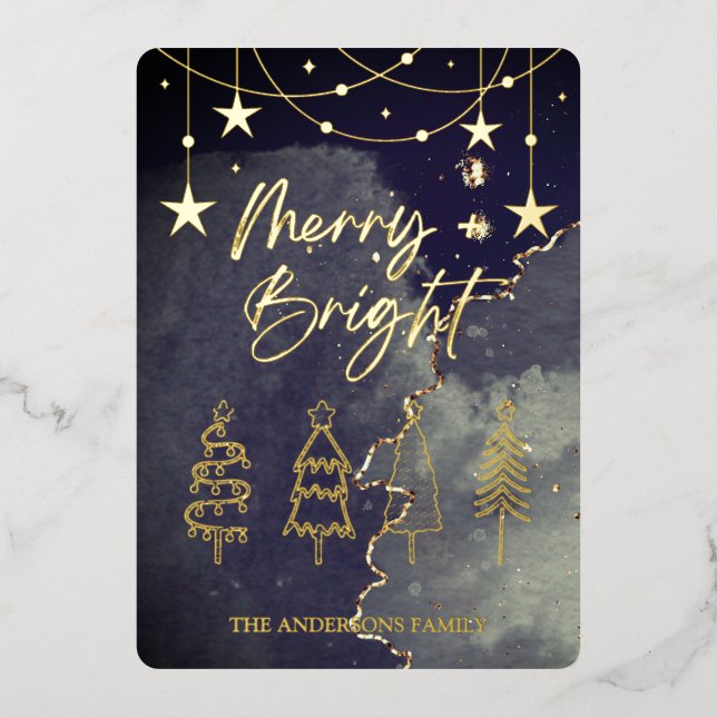 Merry Bright Elegant Script Pine Trees Christmas Foil Holiday Card (Front)