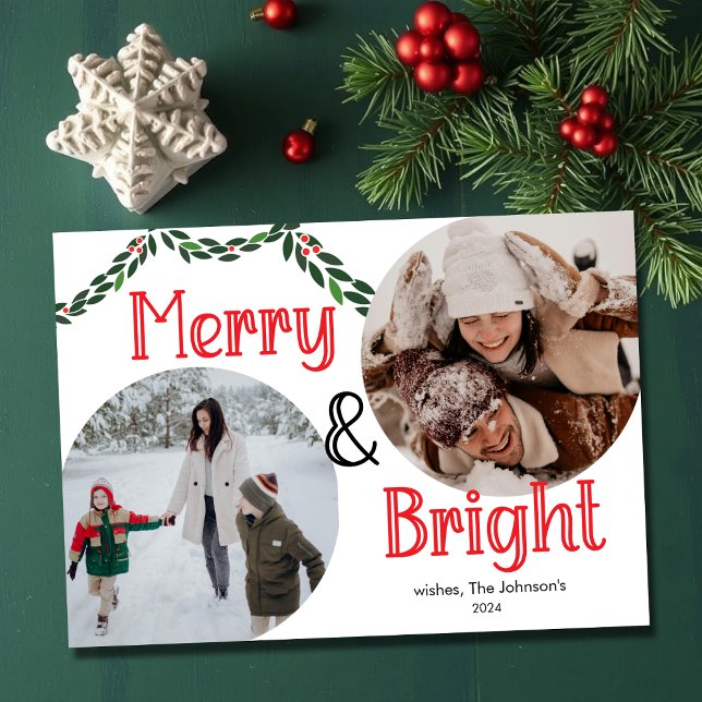 Merry & Bright | Elegant Trendy 2 photo Christmas  Holiday Card (Creator Uploaded)
