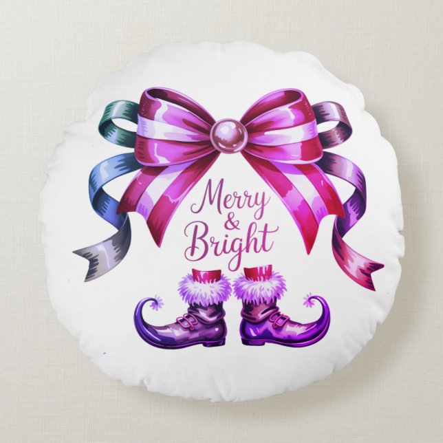 Merry & Bright Enchanted Bow & Elf Shoes  Round Cushion (Front)