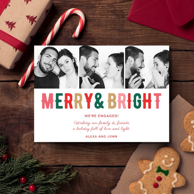 Merry Bright Engagement Announcement Christmas (Merry Bright Couple's Snowflake Photo Christmas Holiday Card)