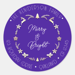 Merry Bright Family Address Deer Gold Wreath Blue Classic Round Sticker