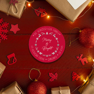 Merry Bright Family Address Deer Grey Silver Red Classic Round Sticker